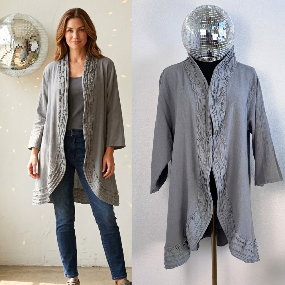 Oh My Gauze Grey Cotton Ruffle Jacket Size 2 Lagenlook, Open Front Cardigan